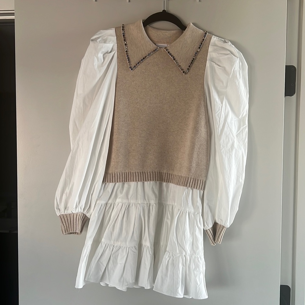 Queen of sparkles tan and white collar poof dress